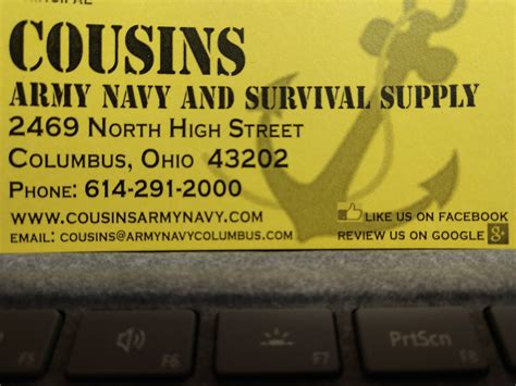 Cousins army navy - GI Depot Military Surplus specializes in selling military surplus, tactical gear, outdoor clothing, and other misc. products. Open until 7:00 PM (Show more) Mon–Sat. 10:00 AM–7:00 PM; Sun. Noon–5:00 PM (740) 654-9563. gidepotmilitarysurplus.com. Features. Credit Cards. Yes (incl. Discover & Visa)